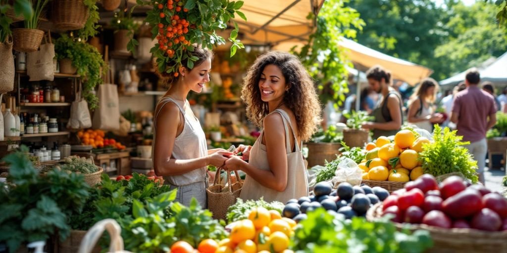 Market scene with eco-friendly products and shoppers.