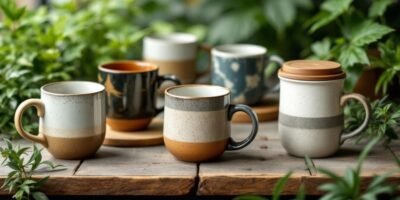 Eco-friendly coffee mugs in stylish designs on a table.