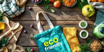 Eco-friendly products like bags and utensils on wood.