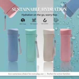 Sustainable hydration bottles in various colors and designs.