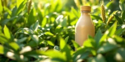 Wheat straw water bottle amidst green foliage.